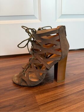 BAMBOO Brown Suede Lace-Up Cutout Block Heel Sandals